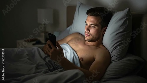 Shirtless man using smartphone while lying in bed at night