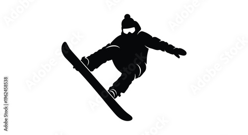 Snowboarder in mid air silhouette performing a trick on a snowboard