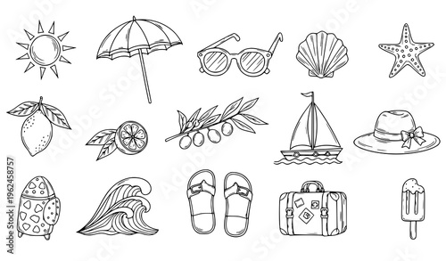 Mediterranean summer doodle set beach travel elements line art vector isolated on white background