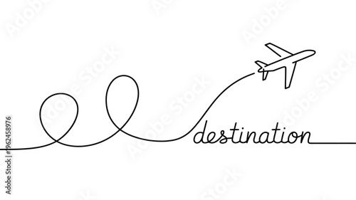 Travel journey line art illustration showing airplane, route path and destination concept in minimal continuous style