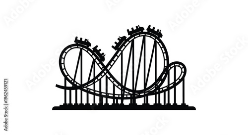 Silhouette of a roller coaster with loops and hills in a black silhouette