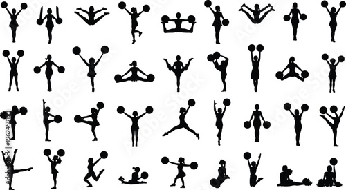 Silhouette illustration of cheerleaders with pom-poms, diverse poses, energetic dance, fitness activity, performance, celebration, movement, lifestyle, sport scene