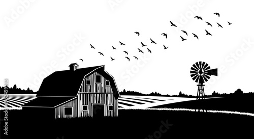Rural landscape silhouette with barn windmill and birds in flight