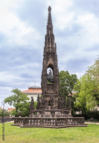 Majestic Kranners fountain in the Park of National Awakening on embankment in Prague old city in Czech Republic