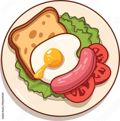 Cartoon breakfast plate illustration with toast, fried egg, sausage, tomato slices, and lettuce leaves in colorful food design
