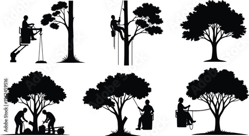Tree trimming workers with tools, arborist silhouettes, gardening equipment, maintenance services, pruning trees, landscaping clipart vector set