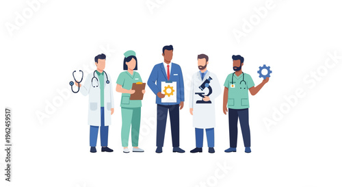 Diverse Professional Group: Doctors, Nurses, Scientists, and Business People Collaborating for Healthcare Innovation