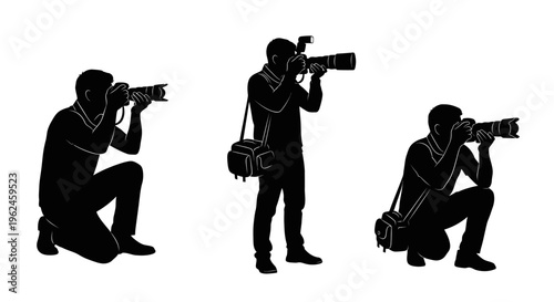 Three photographer silhouettes capturing moments with camera equipment