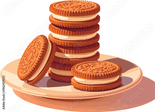 Plate of sandwich cookies stacked with cream filling between golden biscuits decorated with patterned surfaces in tasty snack design