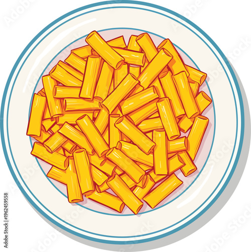 Plate of rigatoni pasta with golden yellow tube‑shaped pieces served on white dish with blue rim representing Italian cuisine
