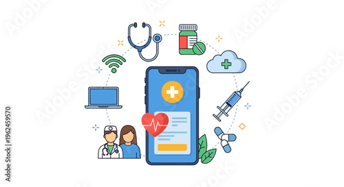 Digital Health & Telemedicine: Smartphone with Medical Icons and Online Healthcare Services Concept