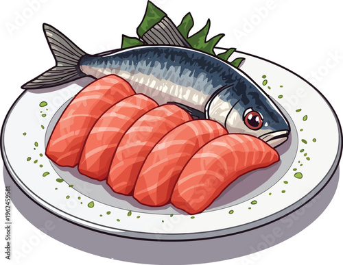 Illustration of sashimi plate with whole fish, pink slices, green leaves, and garnish dots representing traditional Japanese cuisine