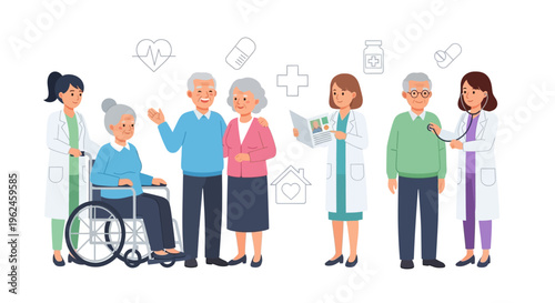 Elderly Healthcare Services Illustration: Doctors, Nurses, and Senior Patients Receiving Medical Support