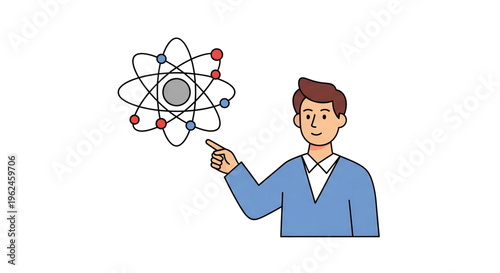 Teacher pointing at atom model representing physics education.
