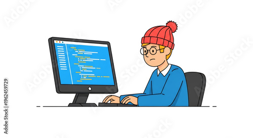 Person coding on computer representing software development.
