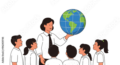 Teacher explaining globe to students representing geography lesson.