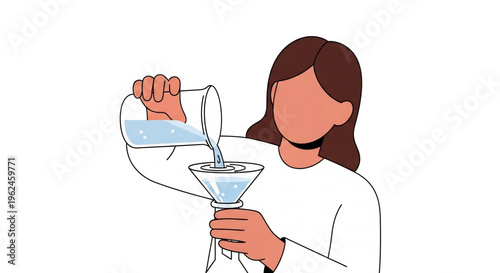 Person pouring liquid through funnel representing chemistry experiment.
