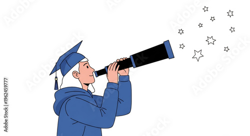 Graduate observing stars with telescope representing academic achievement.