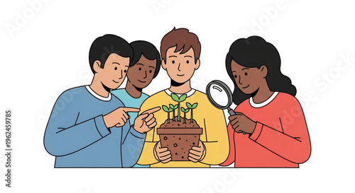 Children examining plant together representing group study.