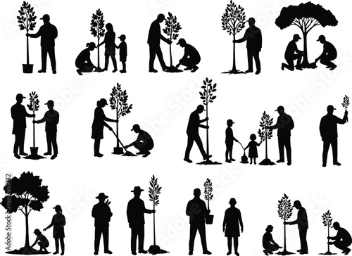 Tree planting silhouettes, environmental care, adult and child teamwork, nature conservation, outdoor activity, sapling growth, community effort, green lifestyle