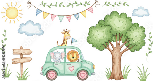 Animal Adventure in Vintage Car with Lion, Elephant, Giraffe, and Bunting Flags