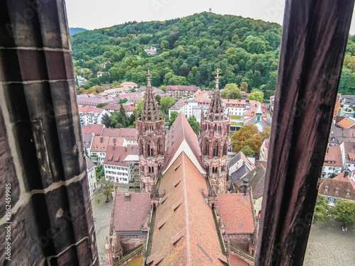 View from roof of Freiburg Munster to adjacent historical part of a Freiburg im Breisgau in Germany