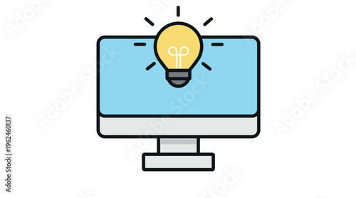 Desktop computer with light bulb icon. Creative idea, innovation and workspace technology concept. Flat vector illustration in soft pastel colors isolated