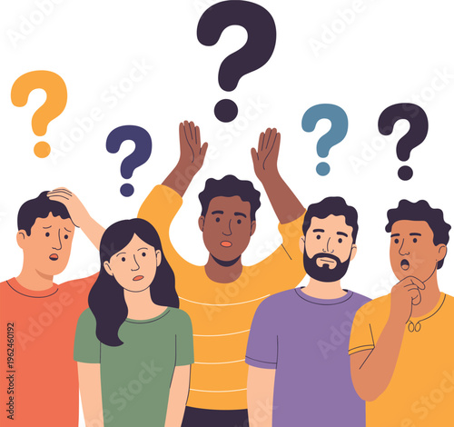 Diverse group of confused people with question marks above heads seeking answers and solutions in flat vector style,