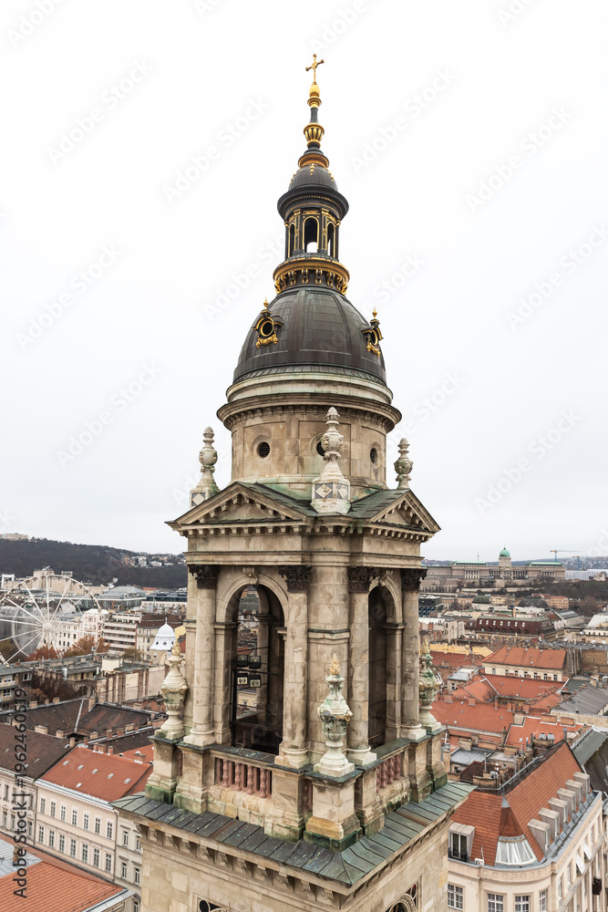 Obraz premium View of one of bell towers from observation deck on dome of St Stephens Basilica in Budapest in Hungary