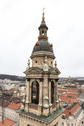View of one of bell towers from observation deck on dome of St Stephens Basilica in Budapest in Hungary