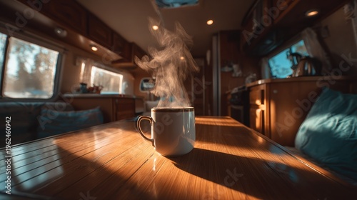 Steaming mug on wooden table inside a vehicle cabin natural light