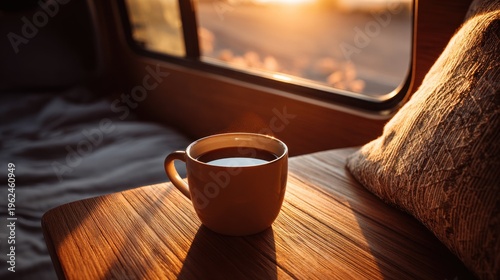 Coffee cup on wooden table near window with sunlight morning ambiance