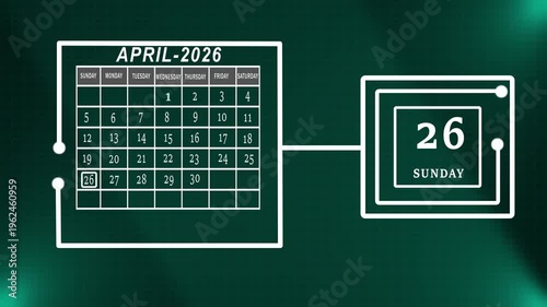 Futuristic April 2026 sunday Month End Calendar Display Highlighting Professional Deadlines And Final Weekly Planning Green Grid Tech.