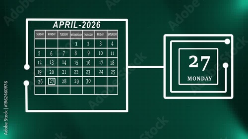 Futuristic April 2026 monday Month End Calendar Display Highlighting Professional Deadlines And Final Weekly Planning Green Grid Tech.