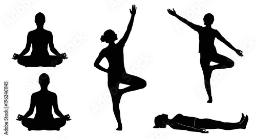 Yoga poses silhouette illustration featuring various meditation and exercise positions