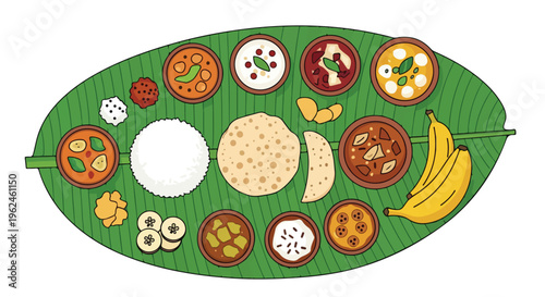 Flat lay of a traditional Indian thali meal on a green banana leaf plate with various dishes and bananas.
