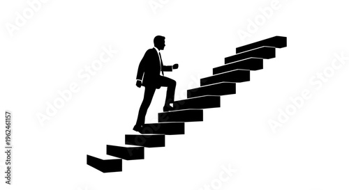 Silhouette of a man climbing up a staircase in a business suit silhouette