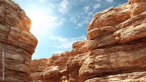 Dramatic rock formations and blue sky background with copy space