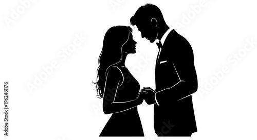 Romantic silhouette of a couple holding hands in love