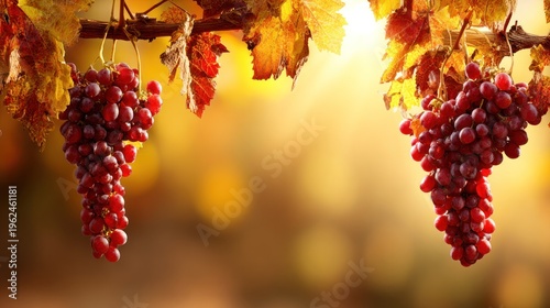 Ripe grapes hanging from vine with autumn leaves and golden sunlight