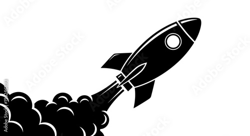 Black silhouette of a rocket ship blasting off into space with flames