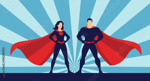 Superhero couple standing strong in red capes silhouette against sunburst background