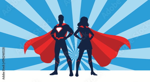Superhero silhouette duo standing against vibrant blue sunburst background silhouette
