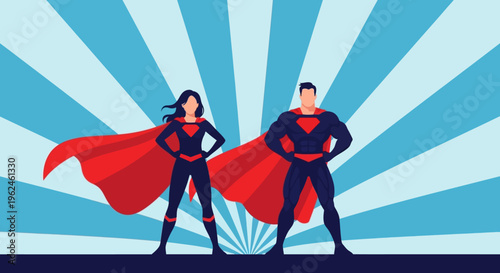 Superhero couple standing strong in silhouette against a vibrant blue sunburst background with flowing red capes