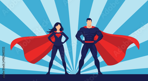 Superhero couple in silhouette standing strong with red capes flowing