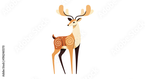Illustration of a deer with stylized spiral design on its side, standing against a clean white background with a minimalist aesthetic.