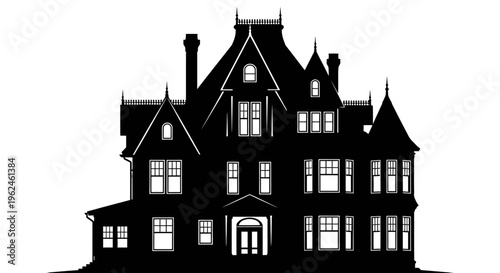 Silhouette of a large ornate victorian style mansion with multiple turrets and gables silhouette