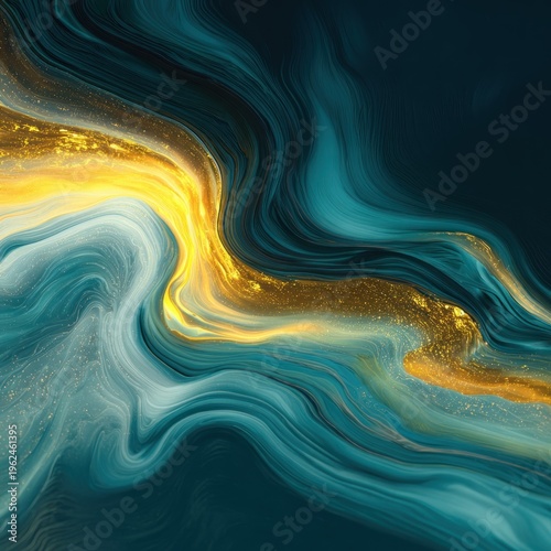 Abstract fluid art with gold accents and teal swirling patterns