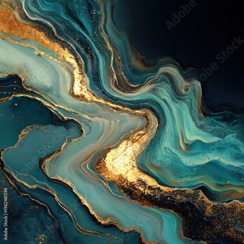 Abstract flowing design in shades of teal and gold artistic background