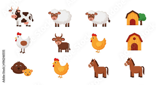 Farm animals and barn icons.